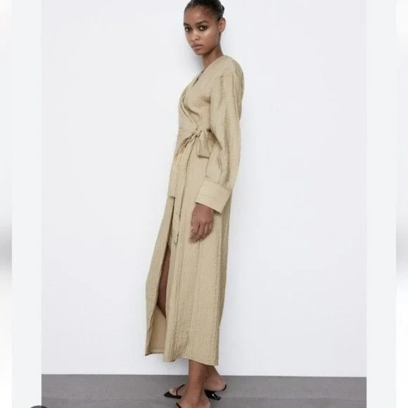 ZARA Dress Wrap Style Textured Midi Long Sleeve - Picture 11 of 15